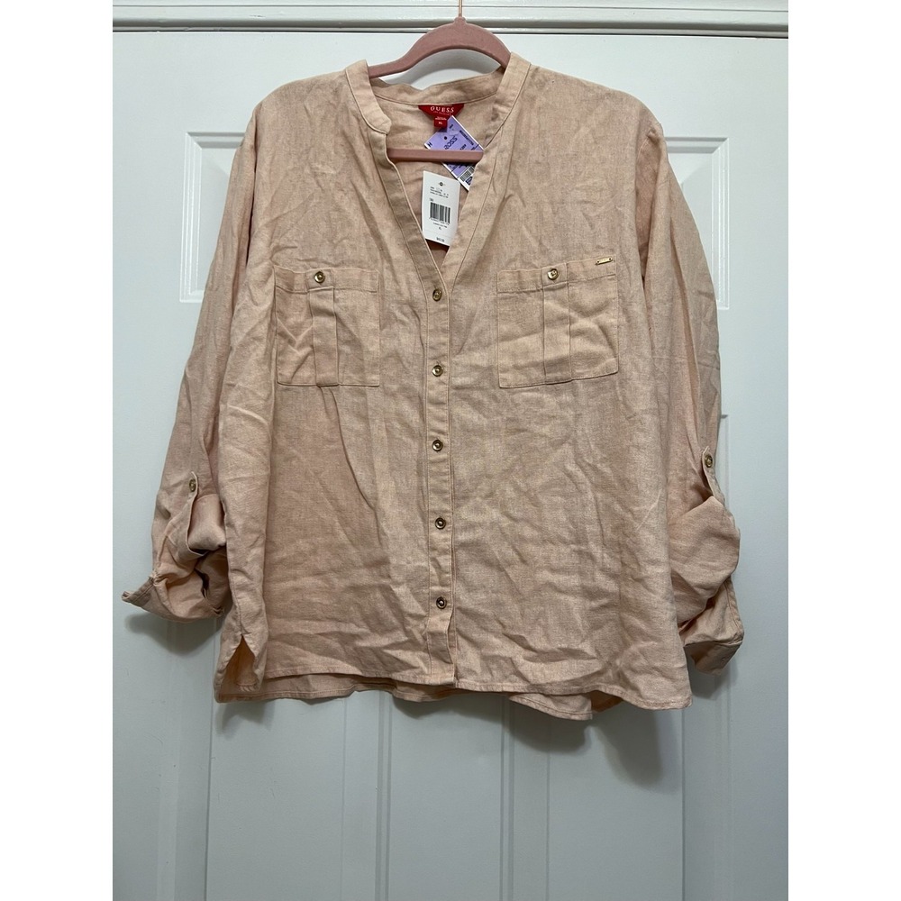Guess Linen Button Up Shirt Womens XL Pink Beachy Coastal Lagenlook Boho